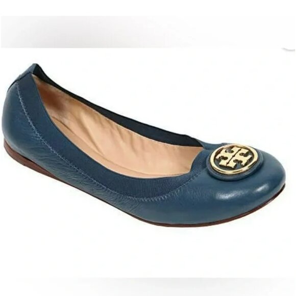 Tory Burch Navy Blue Leather Caroline Flats Gold Hardware Ballet Size: 5.5M - Picture 1 of 13
